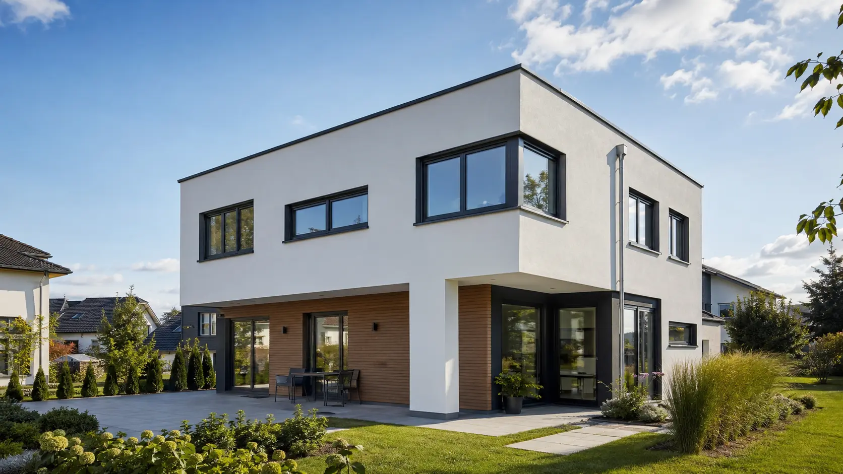 Neu fertiggestelltes modernes Wohnhaus mit weißer Putzfassade, dunklen Fenstern und Garten